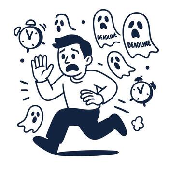 Coloring line art depicting man running from deadline ghosts with clocks, expressing urgency vector