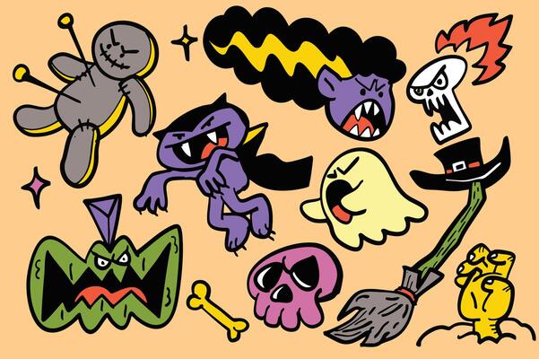 Colorful Halloween themed illustrations featuring spooky characters like ghosts, monsters