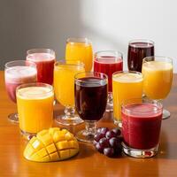 A table with a bunch of glasses of different colored drinks photo