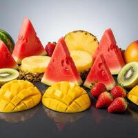 A variety of fruit arranged in a triangle shape photo