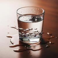 A glass of water with a drop of water on the table photo