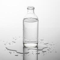 A bottle of water sitting on a table with water droplets photo