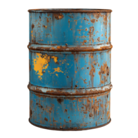 Rusty blue barrel container industrial metal aged weathered object isolated on transparent background png