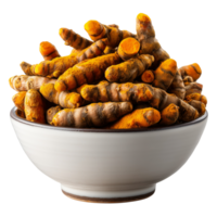 Fresh turmeric roots in a bowl organic spice and herbal remedy isolated on transparent background png