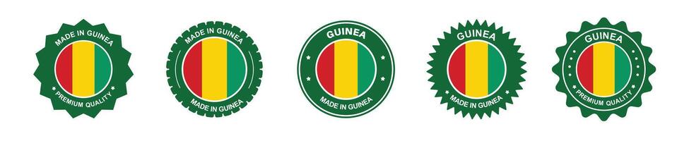 guinea product label set. guinea flag, premium made in guinea . Labels, seals, stamps, flags, icons vector