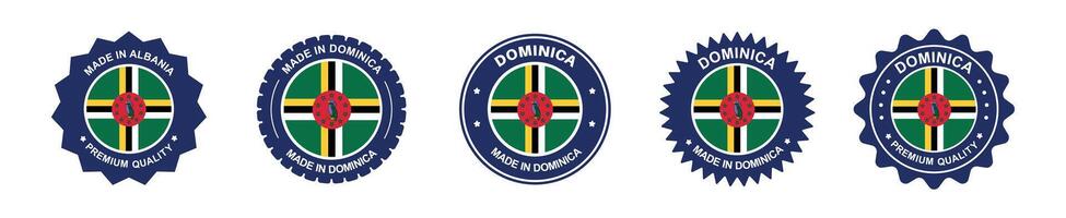 dominica product label set. dominica flag, premium made in dominica . Labels, seals, stamps, flags, icons vector