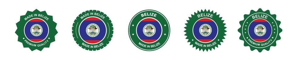 Belize product label set. Belize flag, premium made in Belize. Labels, seals, stamps, flags, icons. vector