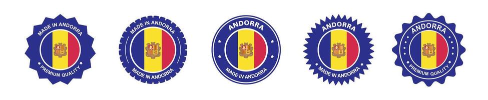 Andorra product label set. Andorra flag, premium made in Andorra. Labels, seals, stamps, flags, icons vector