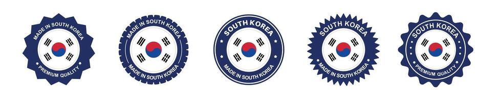 south korea product label set. south korea flag, premium made in south korea. Labels, seals, stamps, flags, icons vector