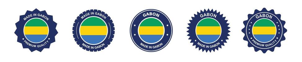 Gabon product label set. Gabon flag, premium made in Gabon . Labels, seals, stamps, flags, icons vector