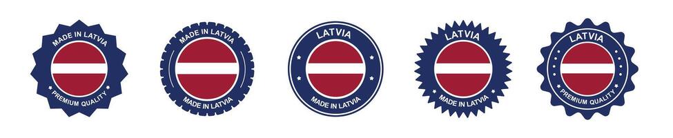 Latvia product labels set. latvia flag, premium made in latvia . Labels, seals, stamps, flags, icons vector