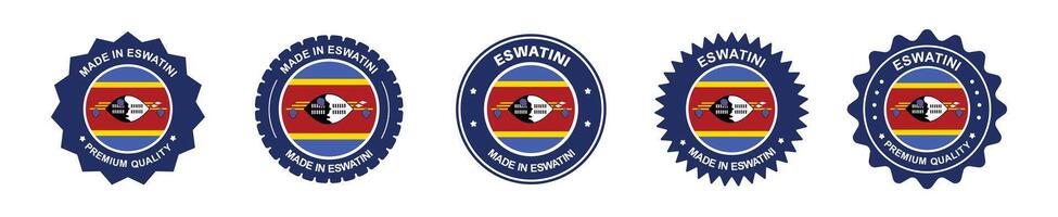 eswatini product label set. eswatini flag, premium made in eswatini . Labels, seals, stamps, flags, icons vector