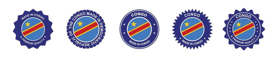 Democratic republic of the congo product label set. congo flag, premium made in congo . Labels, seals, stamps, flags, icons vector