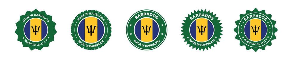 Barbados product label set. Barbados flag, premium made in Barbados. Labels, seals, stamps, flags, icons vector