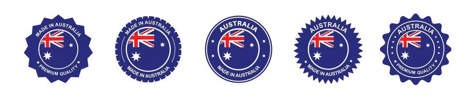 Australian product label set. Australian flag, premium Australian made. Labels, seals, stamps, flags, icons vector