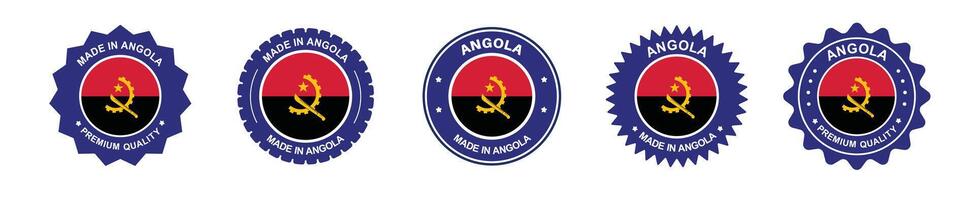 Angola product label set. Angola flag, premium made in Angola. Labels, seals, stamps, flags, icons vector