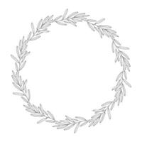 Floral wreath of leaves, wild herbs, and branches. Botanical frame, black outline, isolated on white. Round sketch garland for wedding decoration and design projects, illustration vector