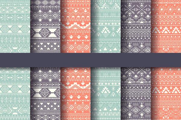 Set of six ethnic seamless patterns. Aztec geometric backgrounds. Stylish navajo design illustration. Swatches are included