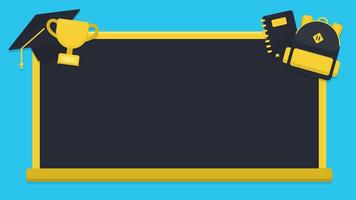 Blank blackboard background with black and yellow color and stationery elements on blue background. Back to school template copy space background vector