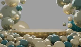 Circular podium displaying products with balls and marbles, 3D illustration photo