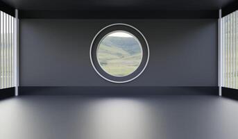 Room with natural background, through a circular glass, square room, beautiful view, 3D illustration photo