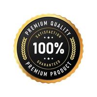 This logo design showcases a round badge emphasizing premium quality and satisfaction guarantee with elegant gold laurels. Ideal for branding and promotional use. vector