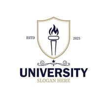 This logo presents a striking shield design incorporating a torch, symbolizing knowledge and enlightenment. It is ideal for a university established in 2025, reflecting a modern aesthetic. vector