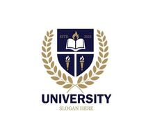 Modern logo design showcases an open book, symbolic torches, and a laurel wreath, emphasizing education and knowledge. Ideal for university branding and marketing efforts. vector