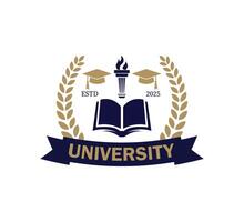 This logo showcases a book and torch design flanked by graduation caps, representing academic achievement and knowledge in a minimal and elegant style. Ideal for university branding. vector