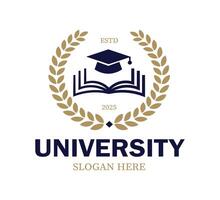 A modern logo design showcases an open book and graduation cap, framed by a laurel wreath. Perfect for a university established in 2025, this logo conveys education and excellence. vector