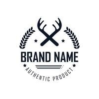 A stylized logo showcases two crossed antlers surrounded by laurel leaves, emphasizing authenticity for a product brand. Designed in a clean, minimalist style, it embodies modern branding. vector