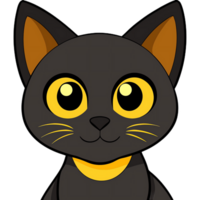 Cute black cat with large yellow eyes and friendly expression wearing yellow collar depicted cartoon style with pointed ears and whiskers set against plain background conveying playfulness png
