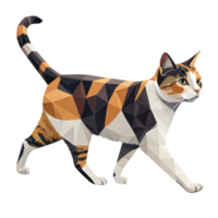 Geometric illustration of calico cat walking with confidence, showcasing vibrant colors and detailed patterns, emphasizing feline graceful movement and striking appearance png