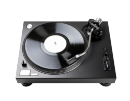 Turntable with vinyl record on it, featuring tonearm and control buttons, set against transparency background, capturing music playing device with sleek design and metallic components png