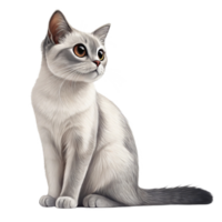 Elegant, realistic illustration of domestic cat with sleek, short coat and striking amber eyes, sitting gracefully with calm and curious expression, showcasing modern minimalist style png