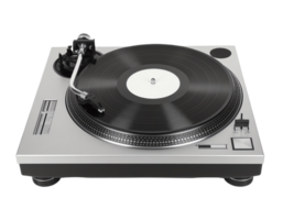 Vintage style turntable with black vinyl record on silver base, featuring tonearm and stylus, control buttons, and sleek modern design, perfect for music enthusiasts and DJs png