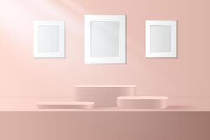 Abstract 3D pink gold podium with white frame background. Modern minimalist mockup for product display presentation. vector