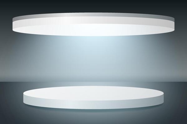 Abstract 3D podium with neon light on dark grey studio background. Modern minimalist mockup for product display presentation.