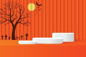 Halloween promotion display banner. Full moon with bat flying on orange background. Abstract 3D promotion mockup podium. vector