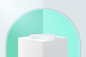 Abstract 3D white and green podium background. Modern minimalist mockup for product display presentation. Realistic white cylinder pedestal podium. vector