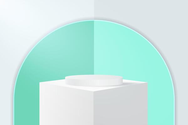 Abstract 3D white and green podium background. Modern minimalist mockup for product display presentation. Realistic white cylinder pedestal podium.
