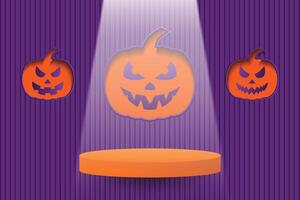 Halloween product podium step floating on the wall banner. Scary pumpkin decoration with spot light on purple background. Abstract 3D promotion mockup podium. vector