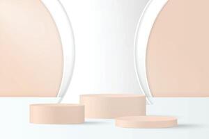 Abstract 3D beige podium background. Modern minimalist mockup for product display presentation. Realistic beige cylinder pedestal podium. Geometric stage showcase with copy space. vector