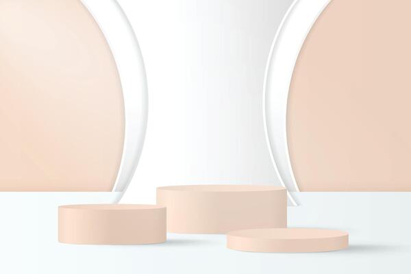 Abstract 3D beige podium background. Modern minimalist mockup for product display presentation. Realistic beige cylinder pedestal podium. Geometric stage showcase with copy space.