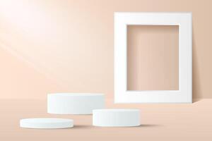 Abstract 3D beige podium with white frame background. Modern minimalist mockup for product display presentation. Realistic beige cylinder pedestal podium. vector