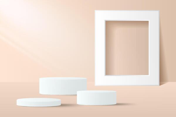 Abstract 3D beige podium with white frame background. Modern minimalist mockup for product display presentation. Realistic beige cylinder pedestal podium.