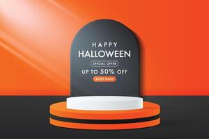 Halloween promotion display banner. Black gravestone on orange background. Abstract 3D promotion mockup podium. vector