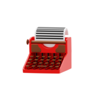 Typewriter 3d icon. Classic red typewriter with paper png