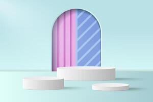 Abstract 3D blue podium background. Realistic white cylinder pedestal podium. vector