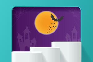 Halloween promotion display banner. Full moon with bat flying on purple background. Abstract 3D promotion mockup podium. vector